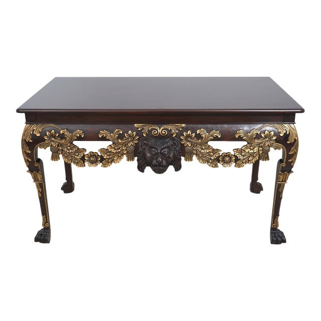 Baker George III William Kent Gold Gilt Console Table: Baker George III William Kent Gold Gilt Console Table Age: Approx: 30 Years Old Details: Carved Mask Face Skirt w. Drape Carvings & Paw Feet High Quality Construction Large Impressive Table Custom Han