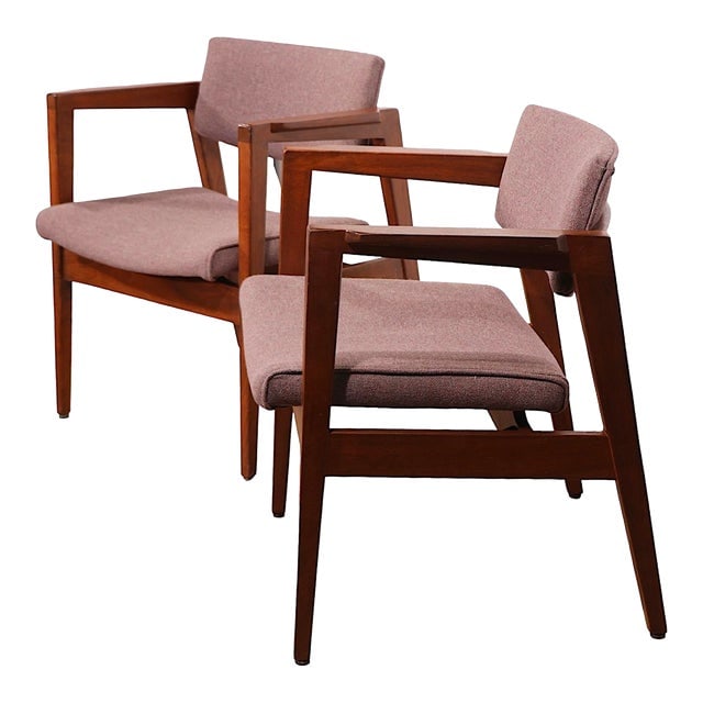 Pr. Mid Century Arm Chairs by Gunlocke After Risom: Pr. Mid Century Arm Chairs by Gunlocke After Risom Pair of architecturally designed arm chairs by Gunlocke in the style of Jens Risom. The chairs feature solid walnut frames with upholstered seat and