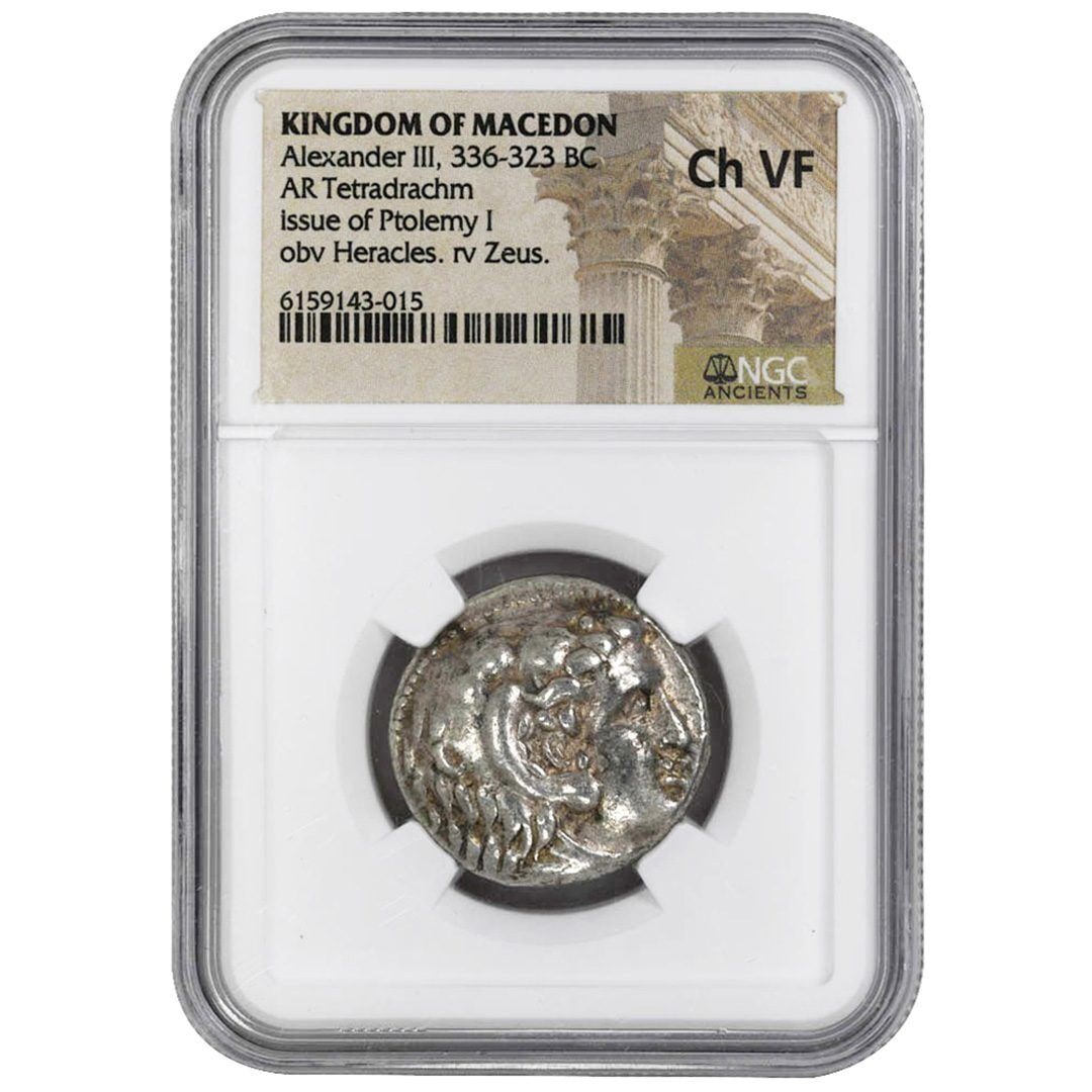 Rare Alexander III Silver Tetradrachm Coin NGC Ch VF 336-323 BC: Rare Alexander III Silver Tetradrachm Coin NGC Ch VF 336-323 BC This rare coin features the Alexander III Tetradrachm from the Kingdom of Macedon, dating back to 336-323 BC. The coin is composed of si