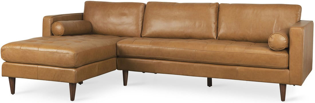 Mid-Century Modern Tan Left-Chaise Sectional Sofa in Top-Grain Leather: Mid-Century Modern Tan Left-Chaise Sectional Sofa in Top-Grain Leather The Svend Sofa in Tan is a left-chaise sectional sofa that makes a magnificent addition to cozy, contemporary interiors. Upholste