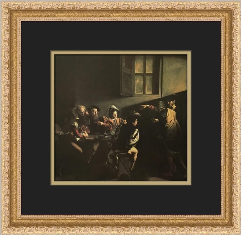 Caravaggio The Calling of Saint Matthew Custom Framed Art Print 14x13: Caravaggio The Calling of Saint Matthew Custom Framed Art Print 14x13 This custom framed print features Caravaggio's renowned work, "The Calling of Saint Matthew." Created in 1978, this medium-sized p
