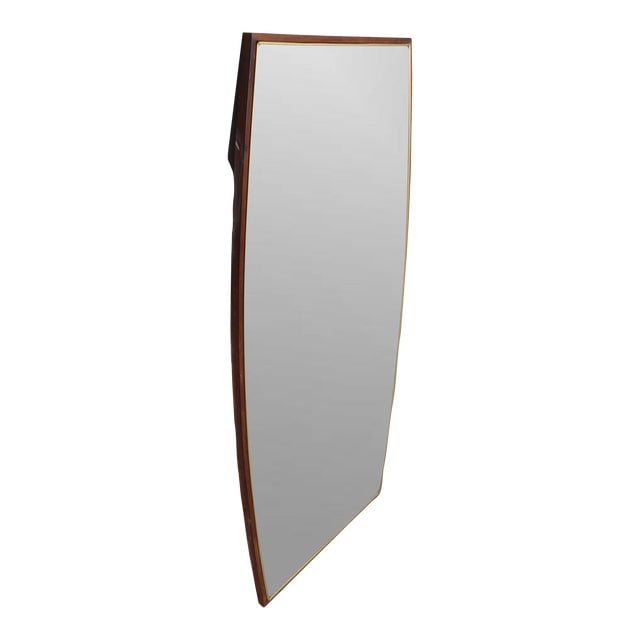 Mid Century Wall Mirror: Mid Century Wall Mirror Nice architectural Mid Century wall mirror having a chic bowed form with bevelled mirror interior. Solid wood fame with brass trim - This elegant mirror can be installed either