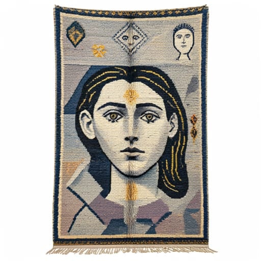 118 x 126 Moroccan Picasso-Inspired Rug: 118 x 126 Moroccan Picasso-Inspired Rug This stunning Moroccan Berber rug features a unique design that fuses traditional Amazigh motifs with a modern, Picasso-inspired aesthetic. Bold geometric shape