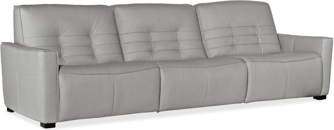 Reaux Grey Leather Sofa with 3 Power Recliners and Tufted Back: Reaux Grey Leather Sofa with 3 Power Recliners and Tufted Back The Reaux Grey Power Recline Sofa features three power recliners, offering luxurious comfort and modern design. Upholstered in grey leath
