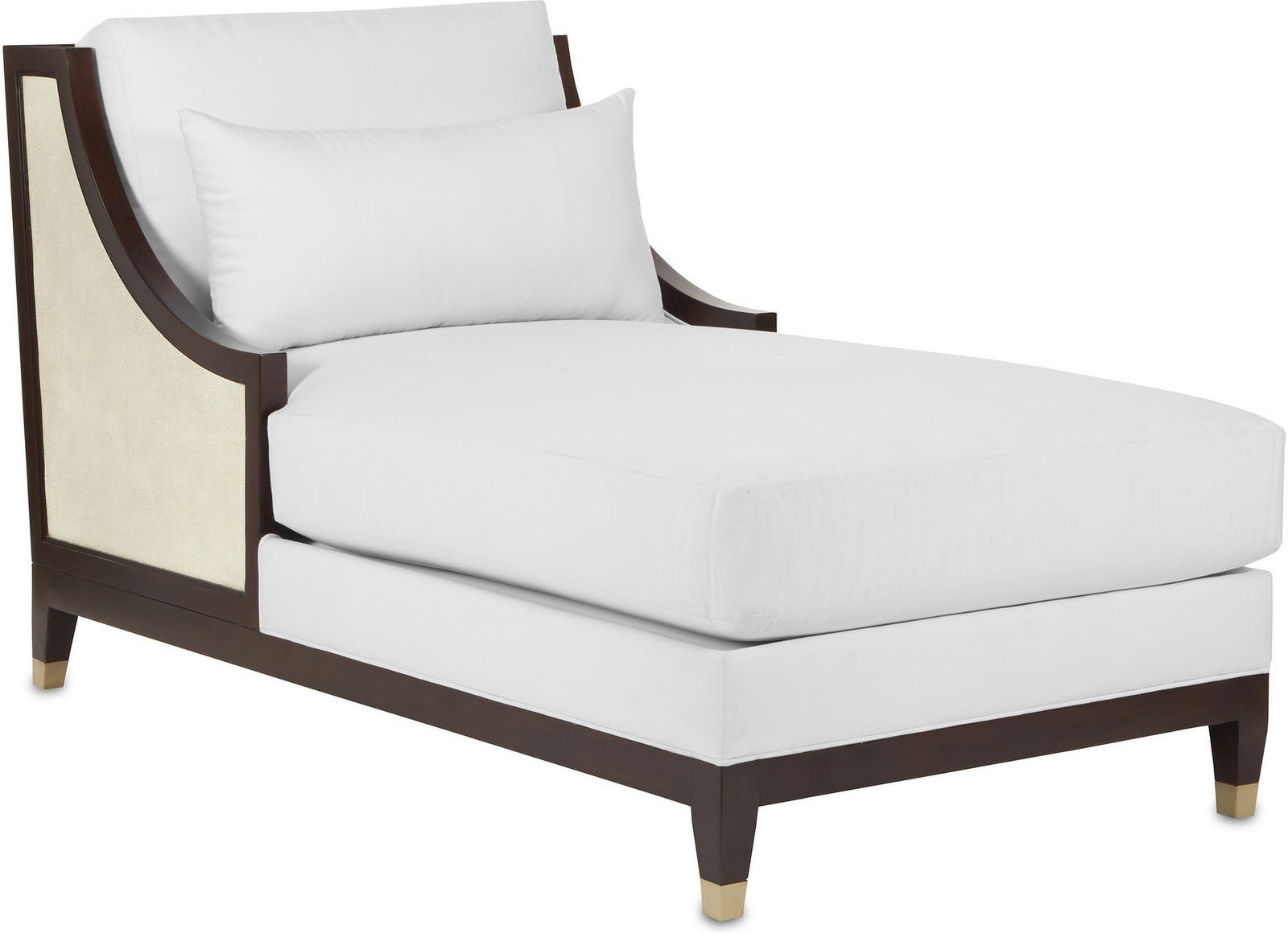 Currey & Company Evie Walnut Chaise Ivory Faux Shagreen Gold Ferrules: Currey & Company Evie Walnut Chaise Ivory Faux Shagreen Gold Ferrules The Evie Walnut Chaise is crafted from mahogany with a dark walnut finish. It features wood-framed side and back panels covered in