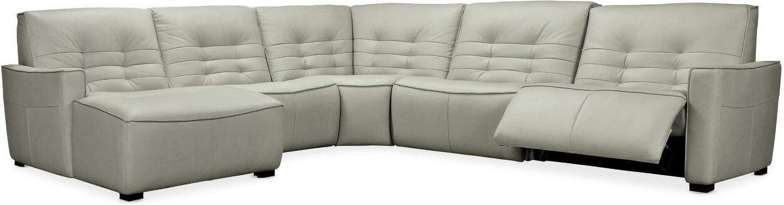 Contemporary Grey Leather 5-Piece Sectional with 2 Power Recliners: Contemporary Grey Leather 5-Piece Sectional with 2 Power Recliners The Reaux 5-Piece Laf Chaise Sectional features a contemporary design with two power recliners, upholstered in grey leather. This des