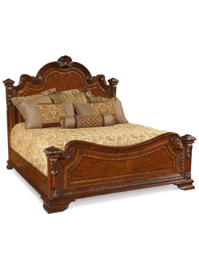 Old World Queen Estate Bed with Hand-Carved Details and Pomegranate Finish: Old World Queen Estate Bed with Hand-Carved Details and Pomegranate Finish The Old World Queen Estate Bed showcases a high traditional design inspired by classic European styles, particularly from the