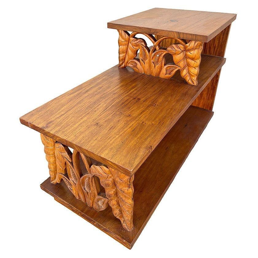 Restored Mid-Century Modern Koa Wood Side Table with Floral Design: Restored Mid-Century Modern Koa Wood Side Table with Floral Design This beautifully restored hand-carved Koa wood side table features a charming Anthurium floral motif, making it a unique addition to 