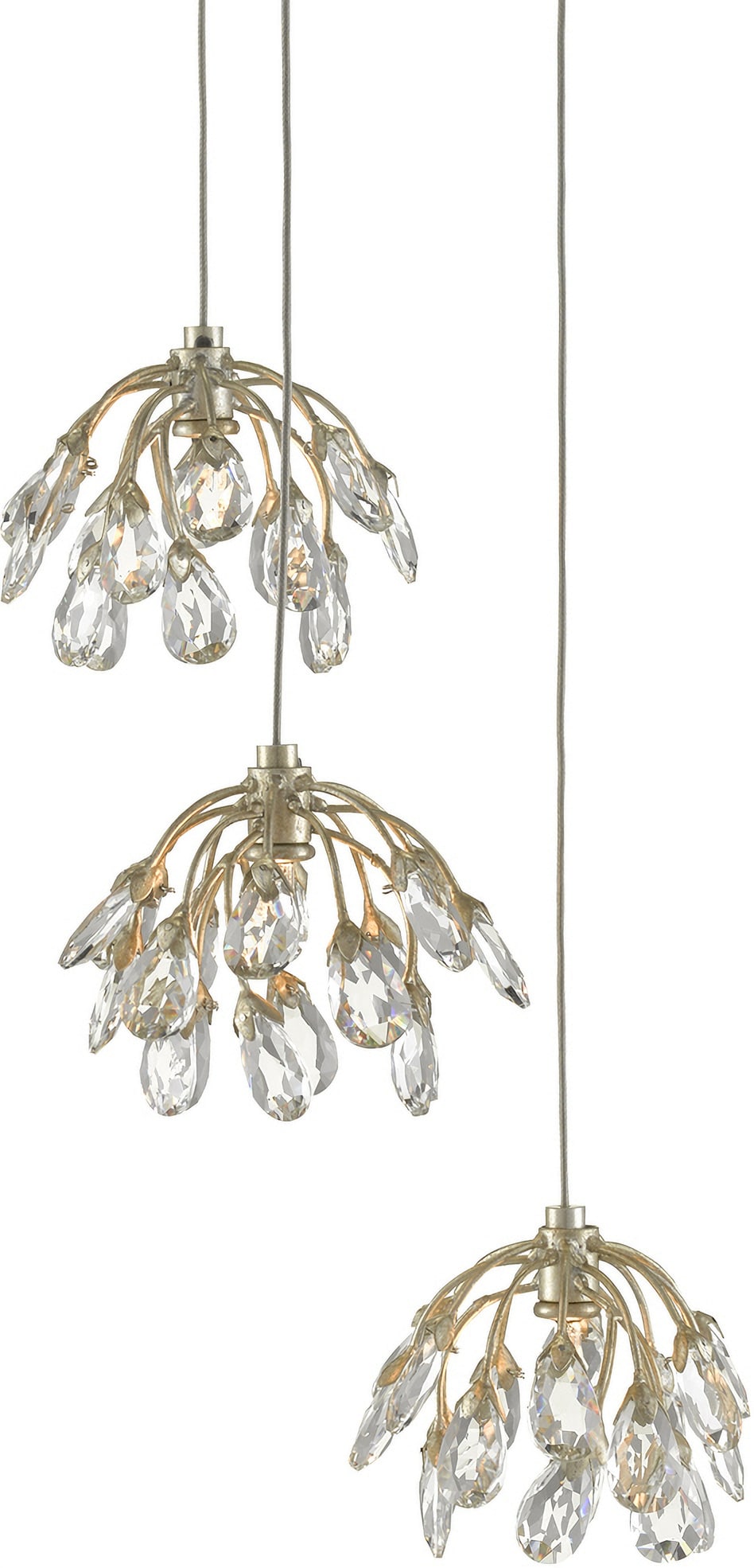 Currey & Company Crystal Bud 3-Light Pendant Silver Finish: Currey & Company Crystal Bud 3-Light Pendant Silver Finish The Crystal Bud 3-Light Multi-Drop Pendant features delicate faceted crystal flowers that dangle gracefully from its canopy, creating an effe