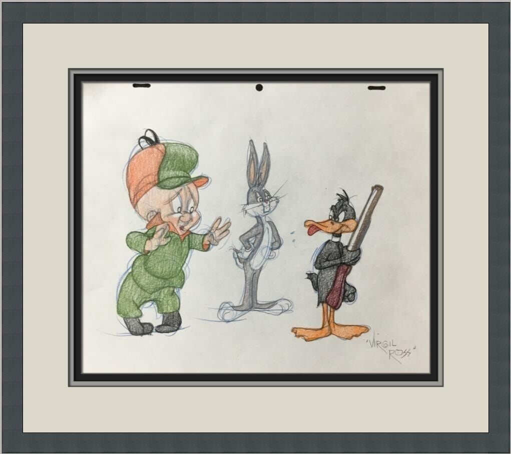 Original Signed Model Sheet Drawing by Virgil Ross Daffy Duck Elmer J Fudd Bugs Bunny: Original Signed Model Sheet Drawing by Virgil Ross Daffy Duck Elmer J Fudd Bugs Bunny This is an original signed model sheet drawing featuring iconic Warner Bros. characters Daffy Duck, Elmer J. Fudd,