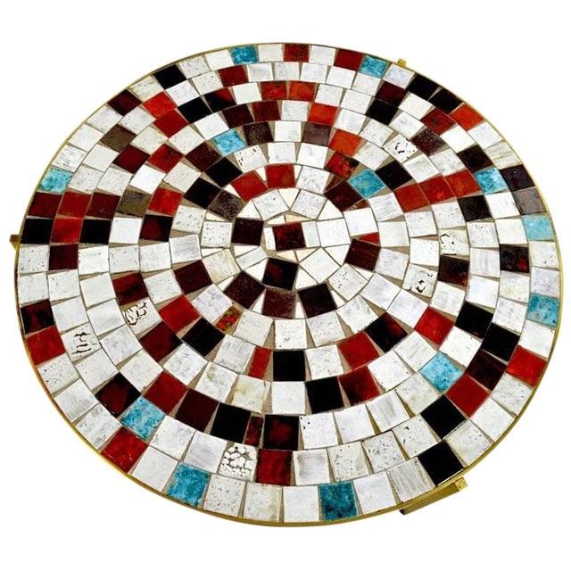 Mosaic Tile Top Table: Mosaic Tile Top Table Stylish high quality mosaic top coffee table with solid brass trim and legs. Probably California made midcentury period circular form coffee cocktail table. Dimensions: 40.5"W x