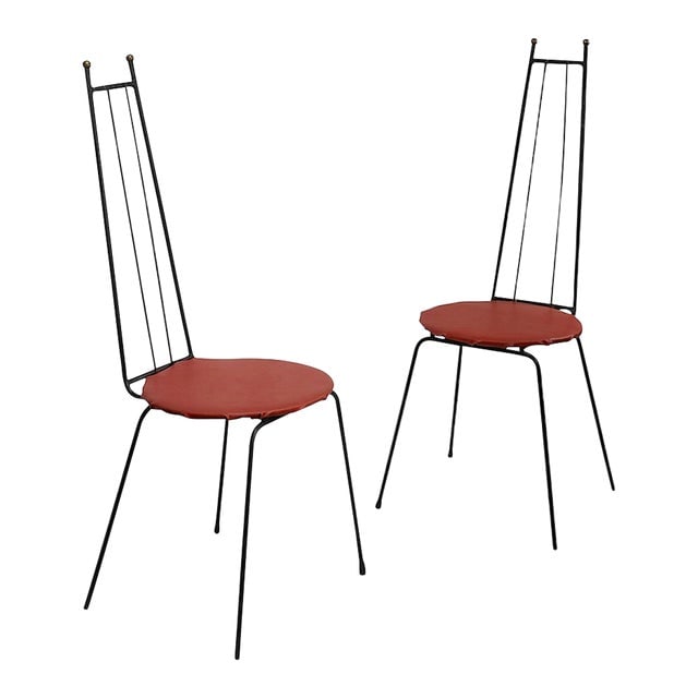 Pr. Dramatic Mid Century High Back Wrought Iron Chairs After McCobb: Pr. Dramatic Mid Century High Back Wrought Iron Chairs After McCobb Pair of Mid Century architectural wrought iron dining height chairs having exaggerated extended tall backs with brass ball finials d