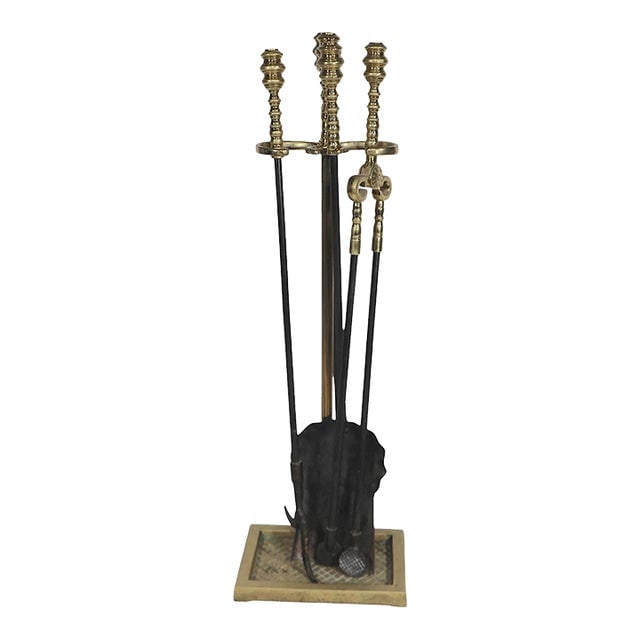Vintage Brass and Iron Fireplace Tool Set Att. To Virginia Metal Crafters: Vintage Brass and Iron Fireplace Tool Set Att. To Virginia Metal Crafters High quality brass and iron fireplace tools set consisting of a poker shovel tongs brush and stand attributed to the Virginia 