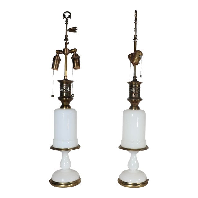 Pr. Opalene Glass and Brass Table Lamps by Warren Kessler C 1960/1970's: Pr. Opalene Glass and Brass Table Lamps by Warren Kessler C 1960/1970's Chic decorative pair of glass and metal table lamps by noted maker Warren Kessler. The lamps feature a opalescent glass body wit