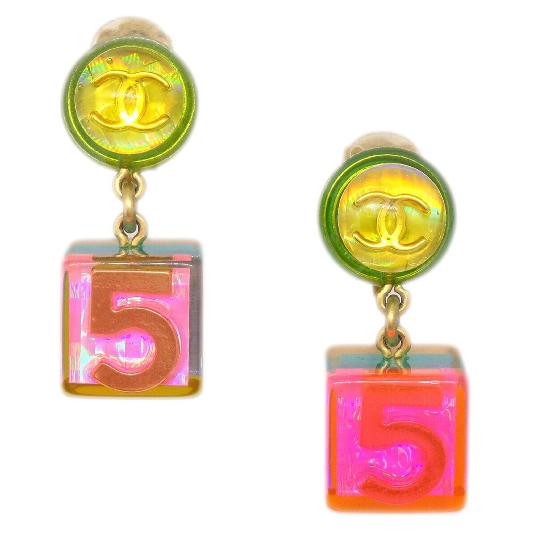 Chanel Multicolor Dangle Cube Clip-On Earrings 97A: Chanel Multicolor Dangle Cube Clip-On Earrings 97A Vintage Chanel dangle cube earrings featuring a vibrant multicolor design. These clip-on earrings are styled for a striking look, perfect for adding