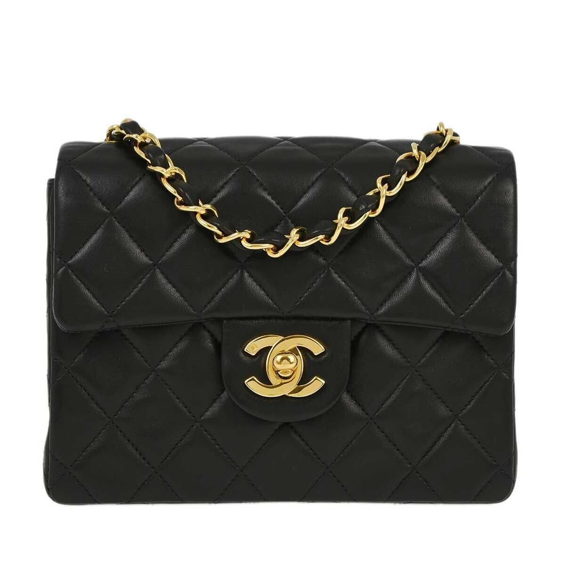 Chanel Black Lambskin Mini Classic Flap Shoulder Bag 7in x 5in: Chanel Black Lambskin Mini Classic Flap Shoulder Bag 7in x 5in This Chanel Mini Classic Flap Shoulder Bag is crafted from luxurious black lambskin leather with a quilted matelasse pattern. It features