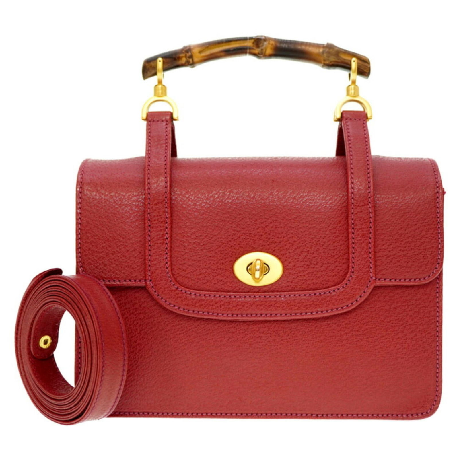 Gucci Bamboo Red Leather Handbag for Women with Gold Hardware: Gucci Bamboo Red Leather Handbag for Women with Gold Hardware This Gucci Bamboo handbag is crafted from high-quality red leather and features gold hardware. It showcases a turn lock closure and has di