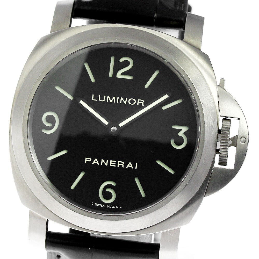 PANERAI Luminor Base PAM00176 Men's Watch in Titanium with Black Dial: PANERAI Luminor Base PAM00176 Men's Watch in Titanium with Black Dial The PANERAI PAM00176 Luminor Base is a men's wristwatch crafted in titanium, featuring a black dial with large luminous Arabic num