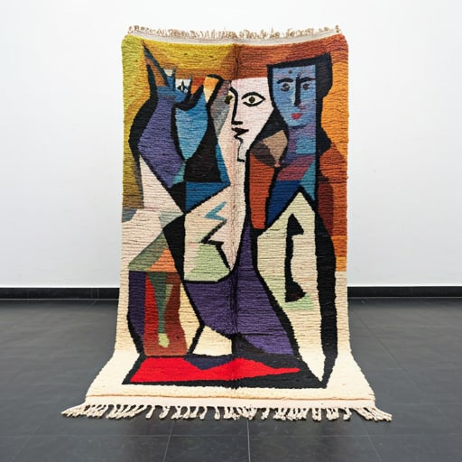 87 x 94 Moroccan Picasso-Inspired Rug: 87 x 94 Moroccan Picasso-Inspired Rug This stunning Moroccan Berber rug features a unique design that fuses traditional Amazigh motifs with a modern, Picasso-inspired aesthetic. Bold geometric shapes 