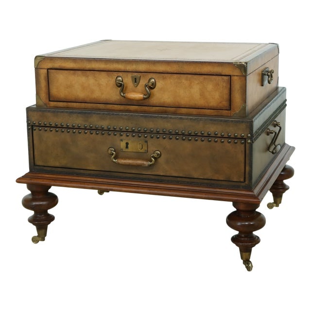 Stacked Leather Trunk Style Coffee End Table: Stacked Leather Trunk Style Coffee End Table Approx: 20 Years Old English Style 1 Piece Construction Un-Marked As To Manufacture Possibly By Maitland Smith Or Similar Manufacture . Condition: Excellen