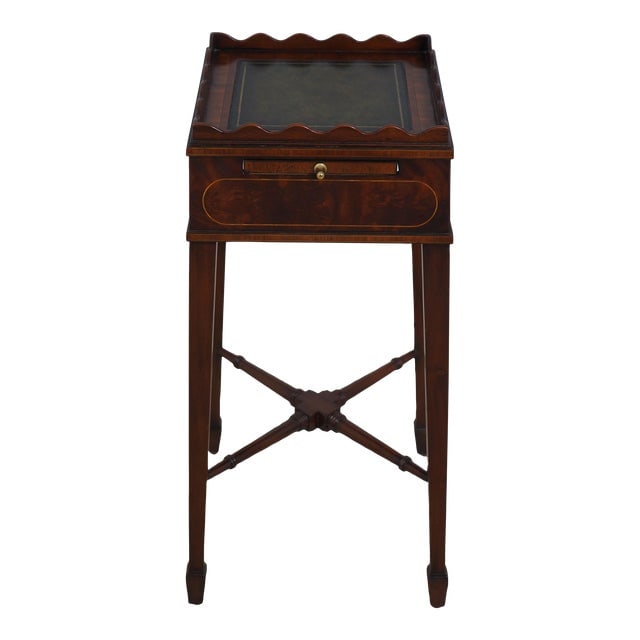 Maitland Smith Leather Top Mahogany Stand: Maitland Smith Leather Top Mahogany Stand Age: Approx: 10 Years Old Details: Quality Construction Stretcher Base Frame Pull Out Slide On Front Quality Green Tooled Leather Top Condition: Excellent Ori