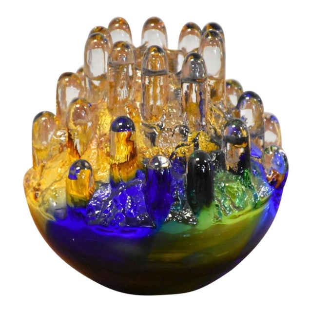 Goran Warff Blown Glass Blue Candlestick Holder 1960s Mid-Century Modern: Goran Warff Blown Glass Blue Candlestick Holder 1960s Mid-Century Modern A beautifully blown glass candlestick holder made and signed by Goran Warff. Kosta Boda. 7" wide. 7" deep. 7" tall. Dimensions: