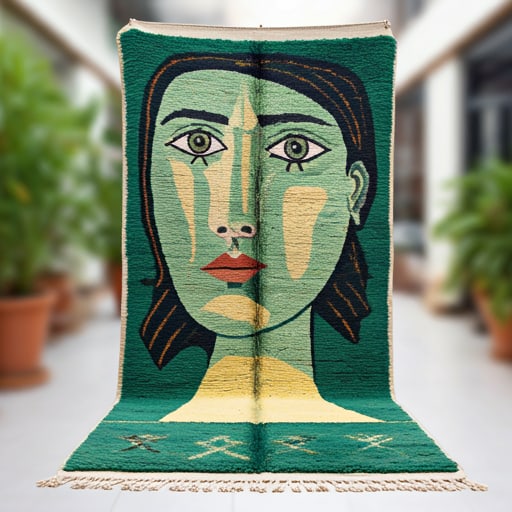 79 x 83 Moroccan Picasso-Inspired Rug: 79 x 83 Moroccan Picasso-Inspired Rug This stunning Moroccan Berber rug features a unique design that fuses traditional Amazigh motifs with a modern, Picasso-inspired aesthetic. Bold geometric shapes 