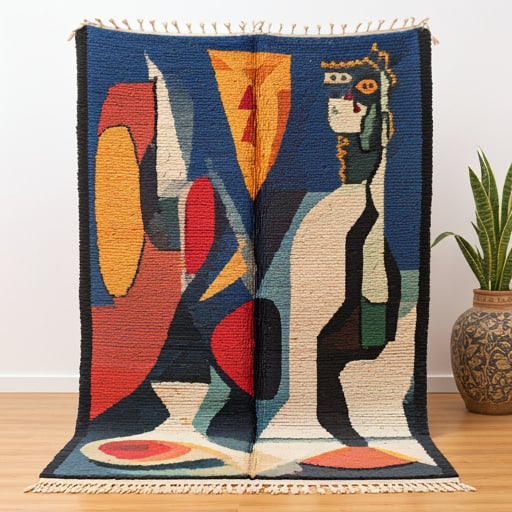 79 x 91 Moroccan Picasso-Inspired Rug: 79 x 91 Moroccan Picasso-Inspired Rug This stunning Moroccan Berber rug features a unique design that fuses traditional Amazigh motifs with a modern, Picasso-inspired aesthetic. Bold geometric shapes 
