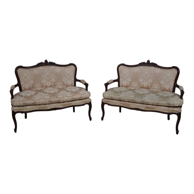 Pair Century French Louis XV Style Upholstered Settees: Pair Century French Louis XV Style Upholstered Settees Age: Approx: 30 Years Old Details: Down Seat Cushions French Style French Louis XV Style Condition: Excellent Original Finish & Condition Some Mi