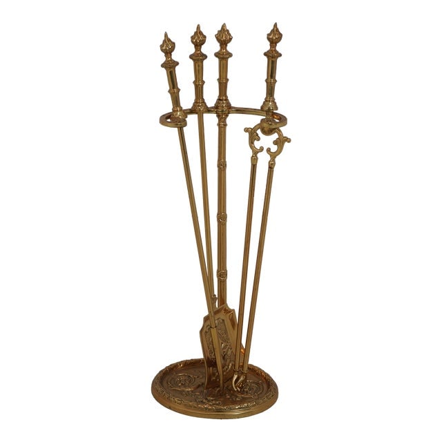 Stone French Louis XV Style Solid Brass Fireplace 4 Piece Tool Set: Stone French Louis XV Style Solid Brass Fireplace 4 Piece Tool Set Age: Approx: 20 Years Old Details: High Quality Construction French Style Heavy Solid Brass Construction Condition: Excellent Origina
