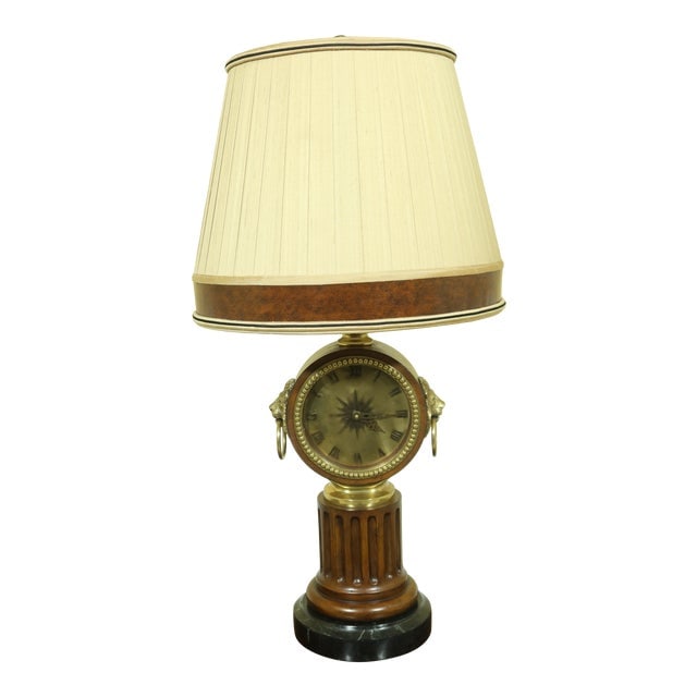 Maitland Smith Clock Face Lamp W. Shade & Marble Base: Maitland Smith Clock Face Lamp W. Shade & Marble Base C.2009 Model 1720-201 High Quality Construction Brass & Wood On Marble Base No Warranty On Clock Battery Movement Clock Leather Trimmed Shade Cond