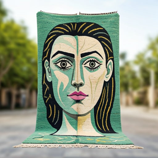 106 x 114 Moroccan Picasso-Inspired Rug: 106 x 114 Moroccan Picasso-Inspired Rug This stunning Moroccan Berber rug features a unique design that fuses traditional Amazigh motifs with a modern, Picasso-inspired aesthetic. Bold geometric shape