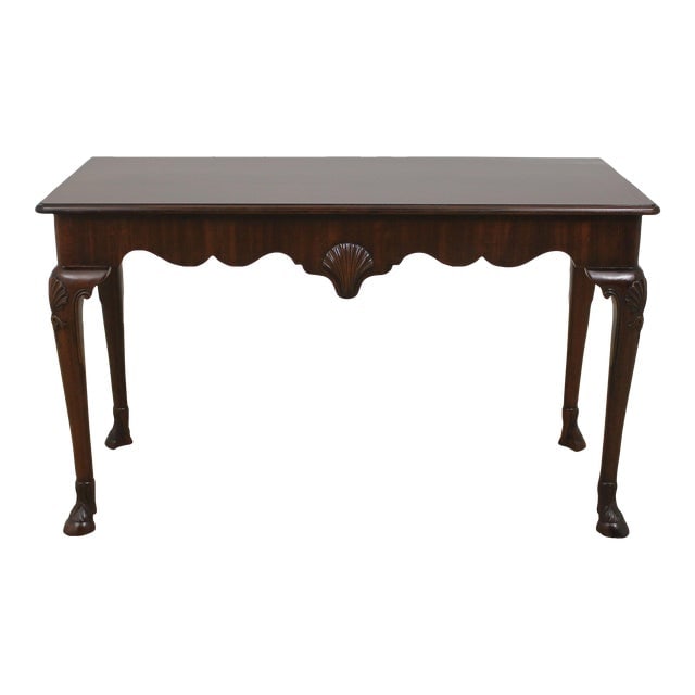 Kindel Mahogany Console Library Table W. Hoof Feet: Kindel Mahogany Console Library Table W. Hoof Feet Age: Approx: 25 Years Old Details: Mahogany Fine Carved Details High Quality Construction 18 C. Design Hoof Carved Rich High Sheen Reddish Mahogany F
