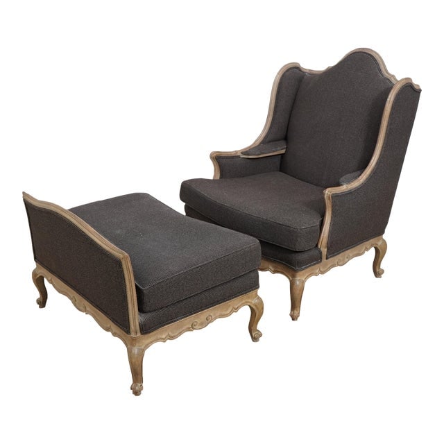 French 2 Piece Chaise Chair W. Ottoman: French 2 Piece Chaise Chair W. Ottoman Age: Approx: 20 Years Old Details: Carved Details High Quality Construction French Style Factory Distressed Finish Well Cared For Upholstery Condition: Excellent