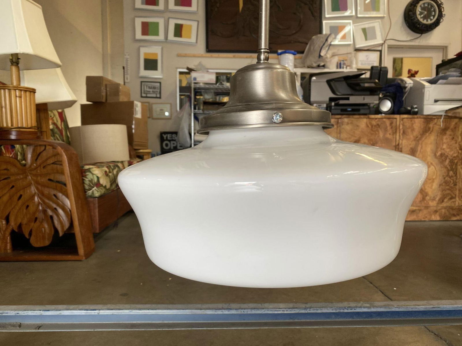 Elegant Art Deco Ceiling Pendant School House Glass Globe 44 inches: Elegant Art Deco Ceiling Pendant School House Glass Globe 44 inches This Art Deco Ceiling Pendant features a School House Glass Globe, showcasing the elegant design typical of the Art Deco style from