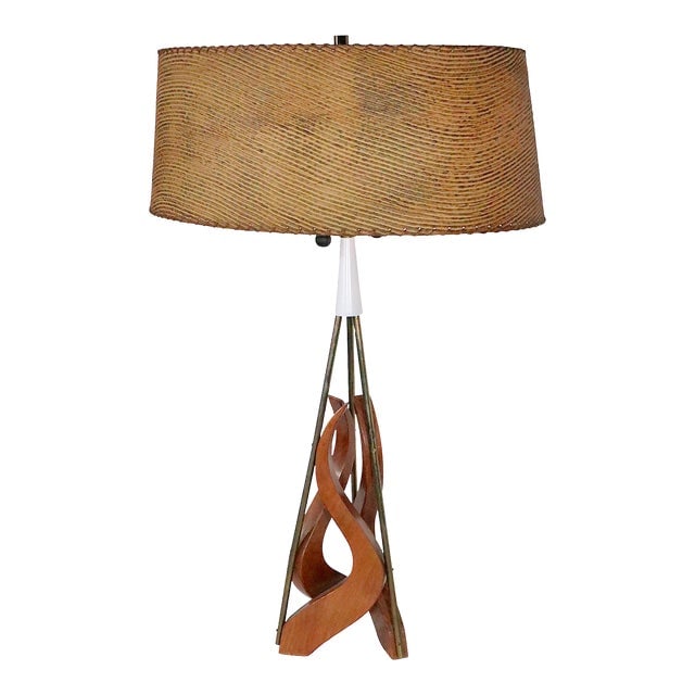 Sculptural Mid Century Table Lamp With Original Shade C. 1950's: Sculptural Mid Century Table Lamp With Original Shade C. 1950's Sculptural Mid Century table lamp possibly designed by Adrian Pearsall or Modeline featuring organic wood forms which are attached to a