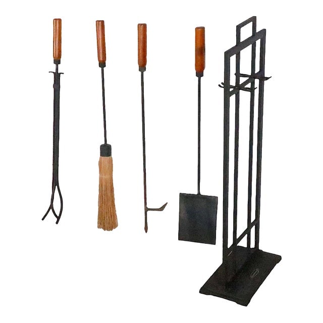 Mid Century Style Fireplace Tool Set by Smith & Hawkin: Mid Century Style Fireplace Tool Set by Smith & Hawkin Stylish wrought iron wood and straw freestanding fireplace tool set by high end maker Smith & Hawkin. The set is Mid Century style probably 1