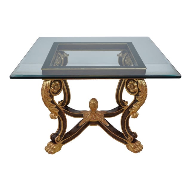 Charles Pollock Gold Gilt Base Glass Top Dining Table: Charles Pollock Gold Gilt Base Glass Top Dining Table Age: Approx: 20 Years Old Details: Walnut Finish Fine Carved Details High Quality Construction Genuine Gold Gilt Details Ornate Carved Base Carved