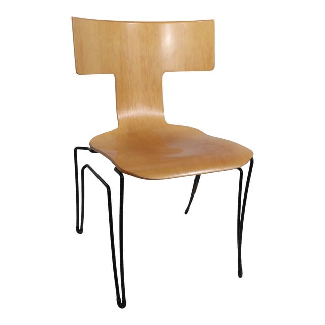 Vintage 1990's Post Modern Donghia Anziano Bent Plywood Chair W/ Wrought Iron Legs: Vintage 1990's Post Modern Donghia Anziano Bent Plywood Chair W/ Wrought Iron Legs Stylish " Anziano" bent plywood and wrought iron chair by John Hutton for Donghia. This example is in good original v