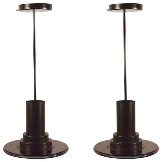 Fredrick Ramond Riva Pendant Spot Light Chandelier: Fredrick Ramond Riva Pendant Spot Light Chandelier Classic Postmodern Italian influence design Fredrick Ramond pendant light. This fixture is black and dark blue with a translucent blue ring which ill