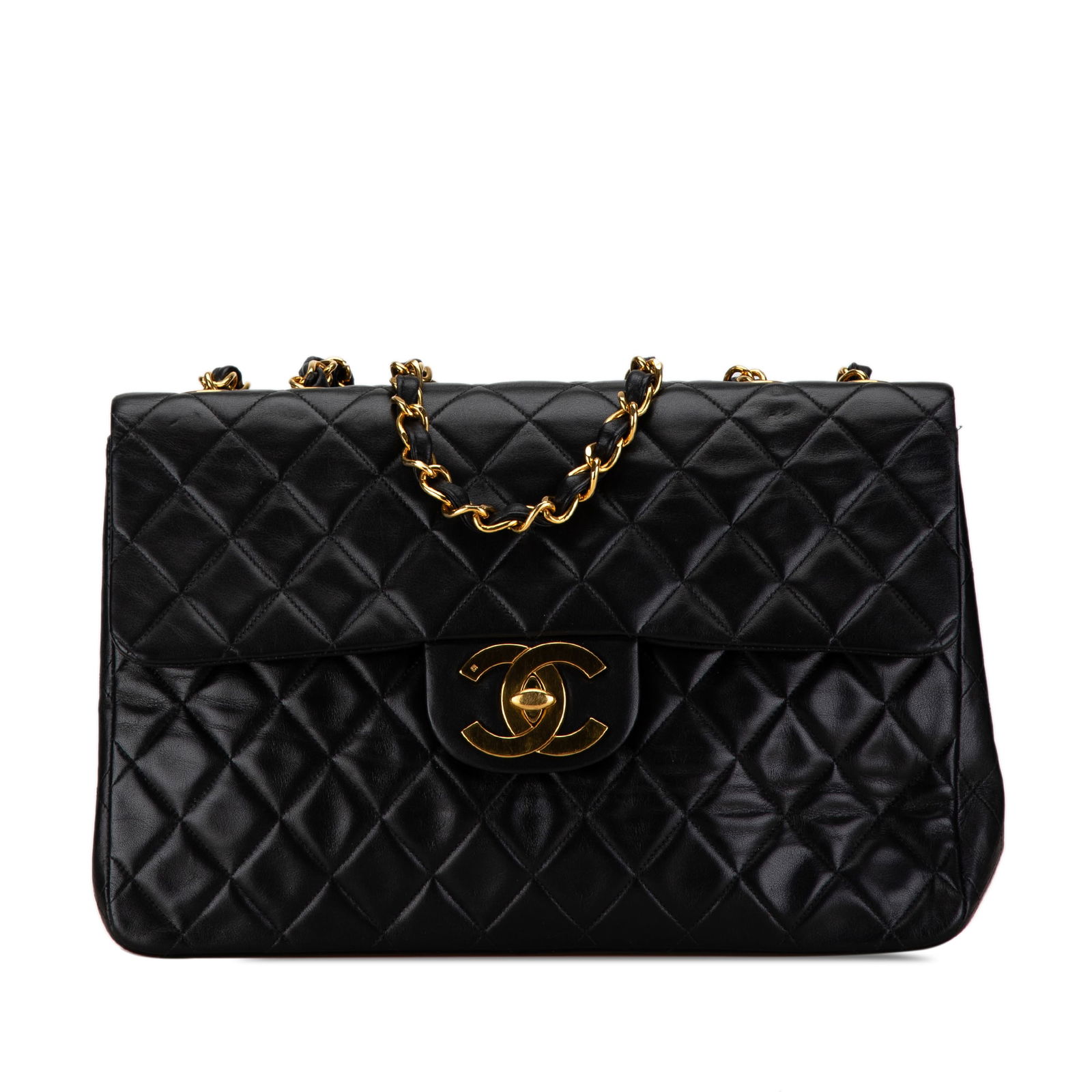 Chanel Maxi XL Classic Lambskin Single Flap Shoulder Bag: Chanel Maxi XL Classic Lambskin Single Flap Shoulder Bag This Chanel Maxi XL Classic Lambskin Single Flap shoulder bag showcases a quilted lambskin leather body, complemented by woven chain straps and