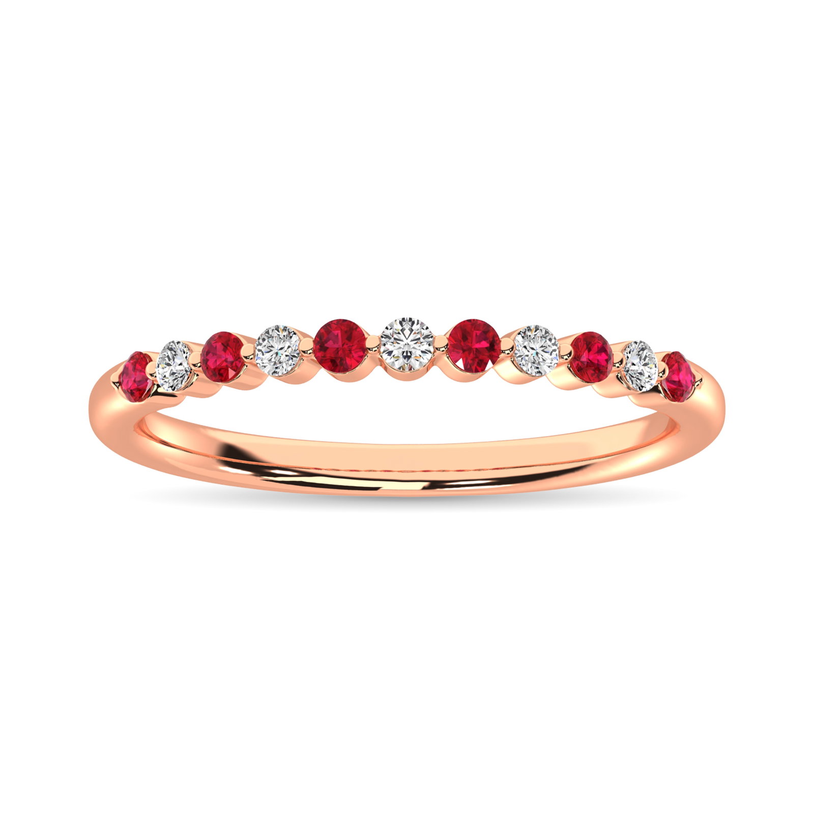 Diamond 1/4 Ct.Tw. And Ruby Stack Band in 10K Rose Gold ( 5 Diamond and 6 Ruby ): Diamond 1/4 Ct.Tw. And Ruby Stack Band in 10K Rose Gold ( 5 Diamond and 6 Ruby ) Metal: 14k Rose Gold Sizes Avilable: 4,5,6,7,8,9 Stone Count: 11.0 Stone Shape: Round Stone Type: Diamond / Ruby Stone 