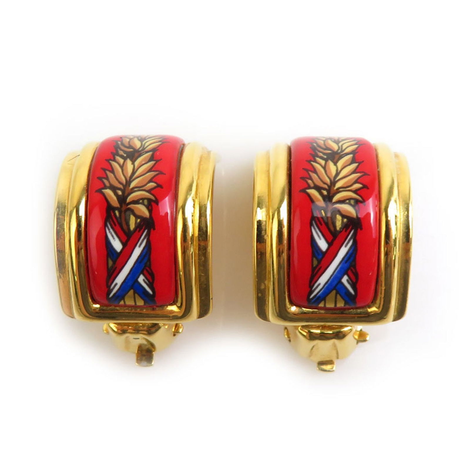 Hermes Multicolor Cloisonne Clip Earrings Gold Red Enamel 20mm: Hermes Multicolor Cloisonne Clip Earrings Gold Red Enamel 20mm These Hermes clip earrings feature a vibrant cloisonne design with a beautiful combination of gold, red, and multicolor enamel. Measuring
