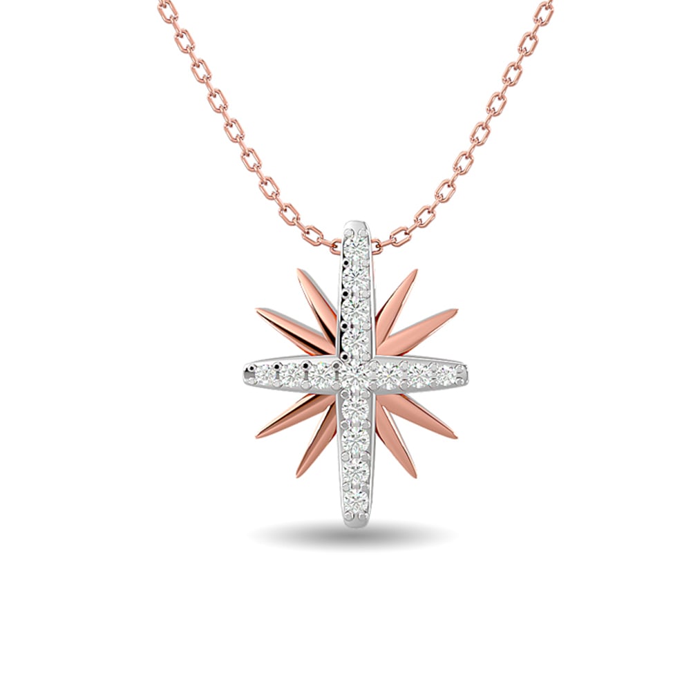 Diamond Sun Necklace 1/8 ct tw 10K Rose Gold: Diamond Sun Necklace 1/8 ct tw 10K Rose Gold This stunning sun necklace features 1/8 ct tw of diamonds set in 10K rose gold. It includes 15 round stones with G-H color and I1 clarity, weighing a total