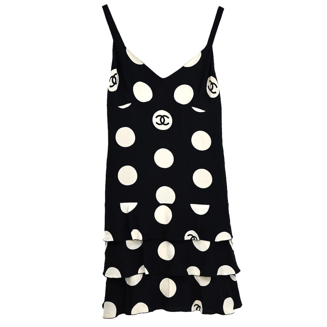 Chanel Vintage Black White Polka Dot Midi Dress Size 36: Chanel Vintage Black White Polka Dot Midi Dress Size 36 Chanel Sleeveless Dot Dress in Black 97P, featuring a classic polka dot pattern. This casual midi dress is designed with a sleeveless style and