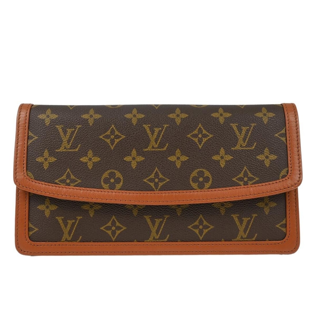 Louis Vuitton Monogram Brown Clutch Medium M51812 with Push Lock: Louis Vuitton Monogram Brown Clutch Medium M51812 with Push Lock This Louis Vuitton Monogram Pochette Dame PM Clutch (M51812 TH0950) is a stylish accessory featuring a classic monogram pattern. The ba