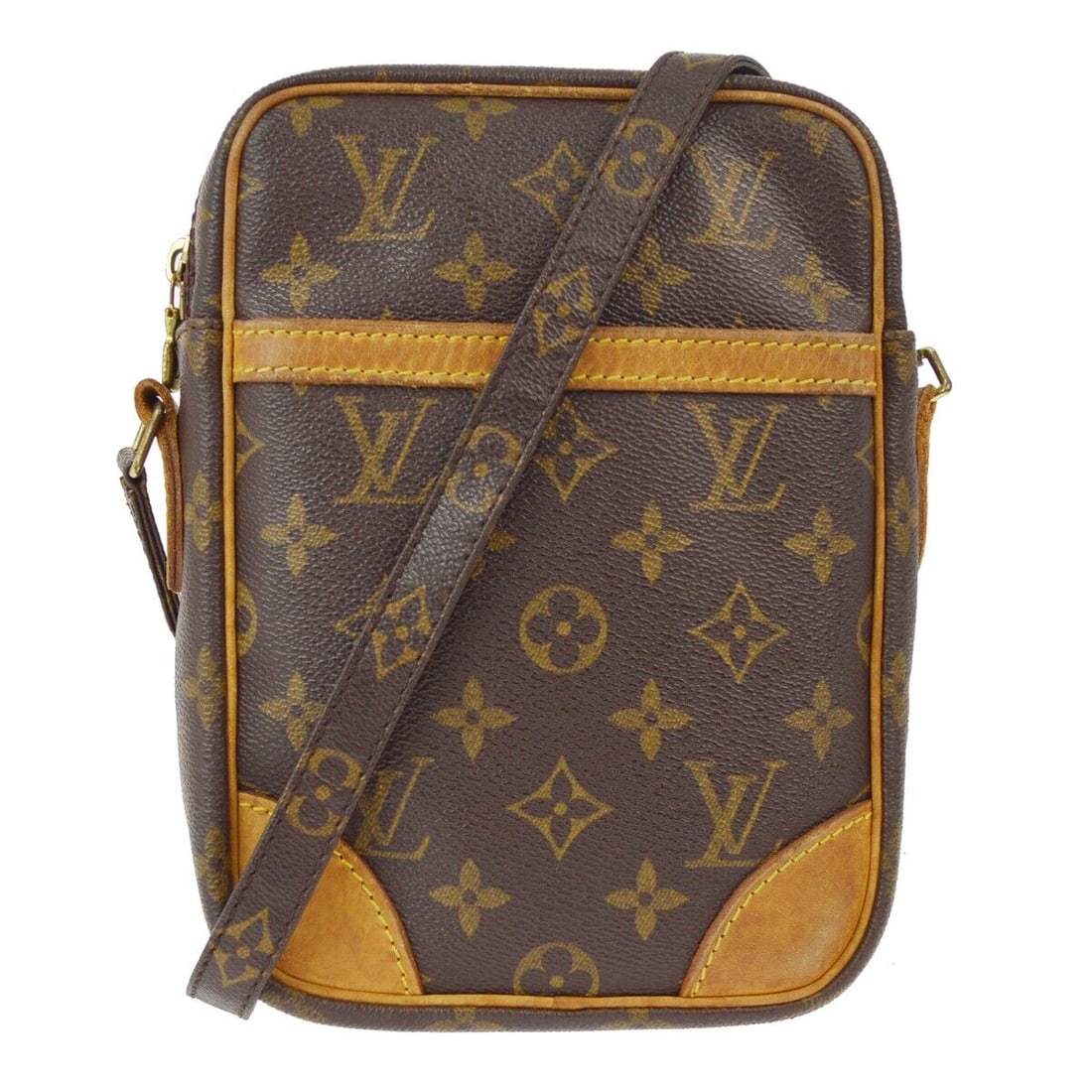 Vintage Louis Vuitton Danube Monogram Crossbody Bag 6x8 inches: Vintage Louis Vuitton Danube Monogram Crossbody Bag 6x8 inches The Louis Vuitton Danube Crossbody Shoulder Bag is a vintage accessory crafted from Monogram Canvas Leather, featuring a stylish brown ex