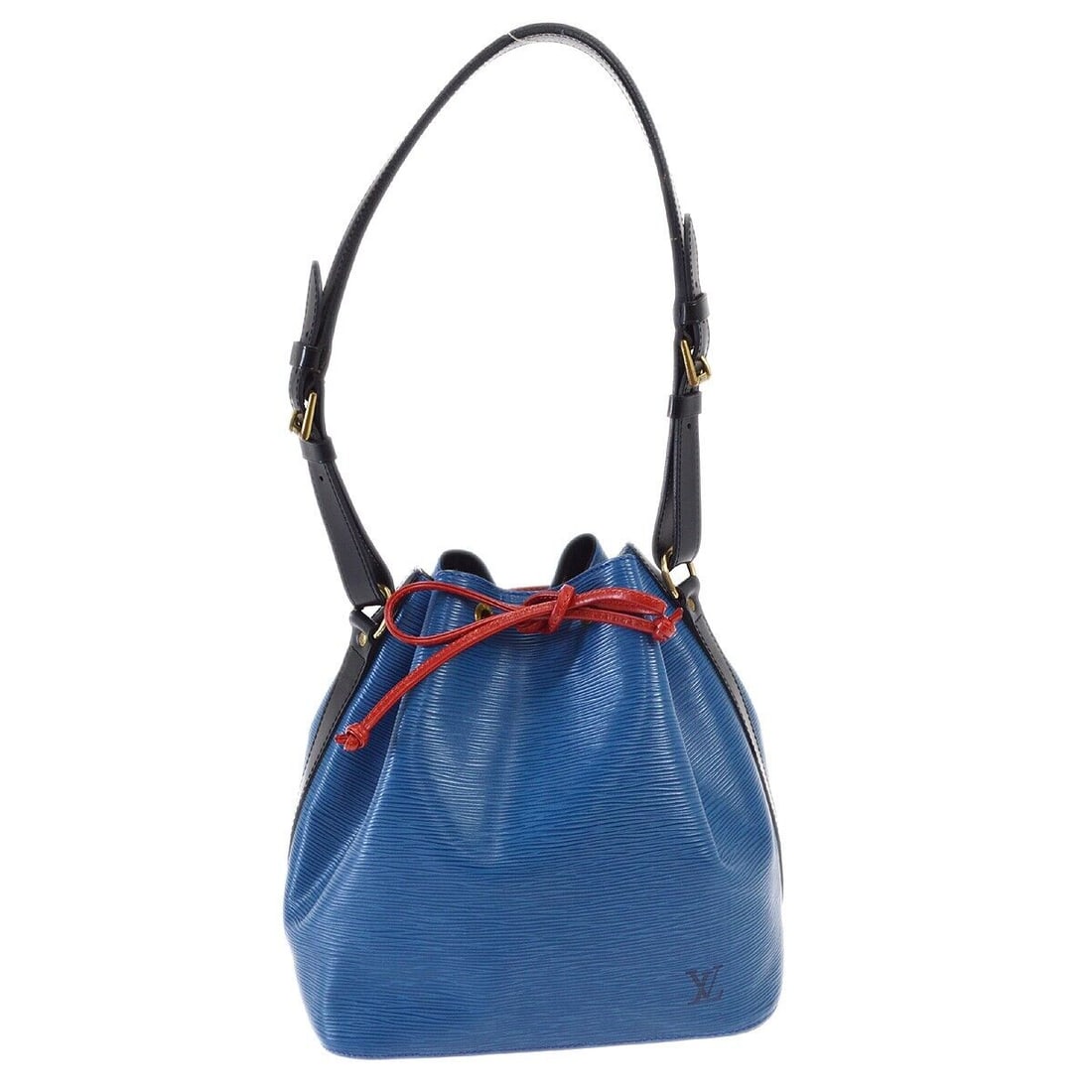 Louis Vuitton Epi Petit Noe Blue Shoulder Bag with Adjustable Strap: Louis Vuitton Epi Petit Noe Blue Shoulder Bag with Adjustable Strap This Louis Vuitton EPI Petit Noe Shoulder Bag features a classic Epi leather exterior in a striking blue color. The bag measures 9.8