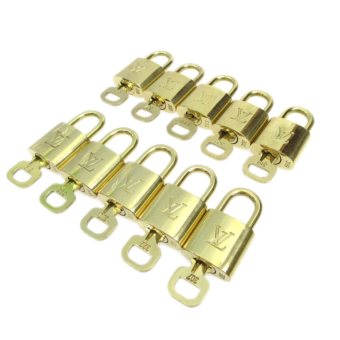 Louis Vuitton 10 Piece Gold Padlock and Key Charm Set: Louis Vuitton 10 Piece Gold Padlock and Key Charm Set This listing features a 10-piece set of Louis Vuitton Padlock & Key Bag Accessories Charm in gold. The padlocks are in AB condition, indicating ve