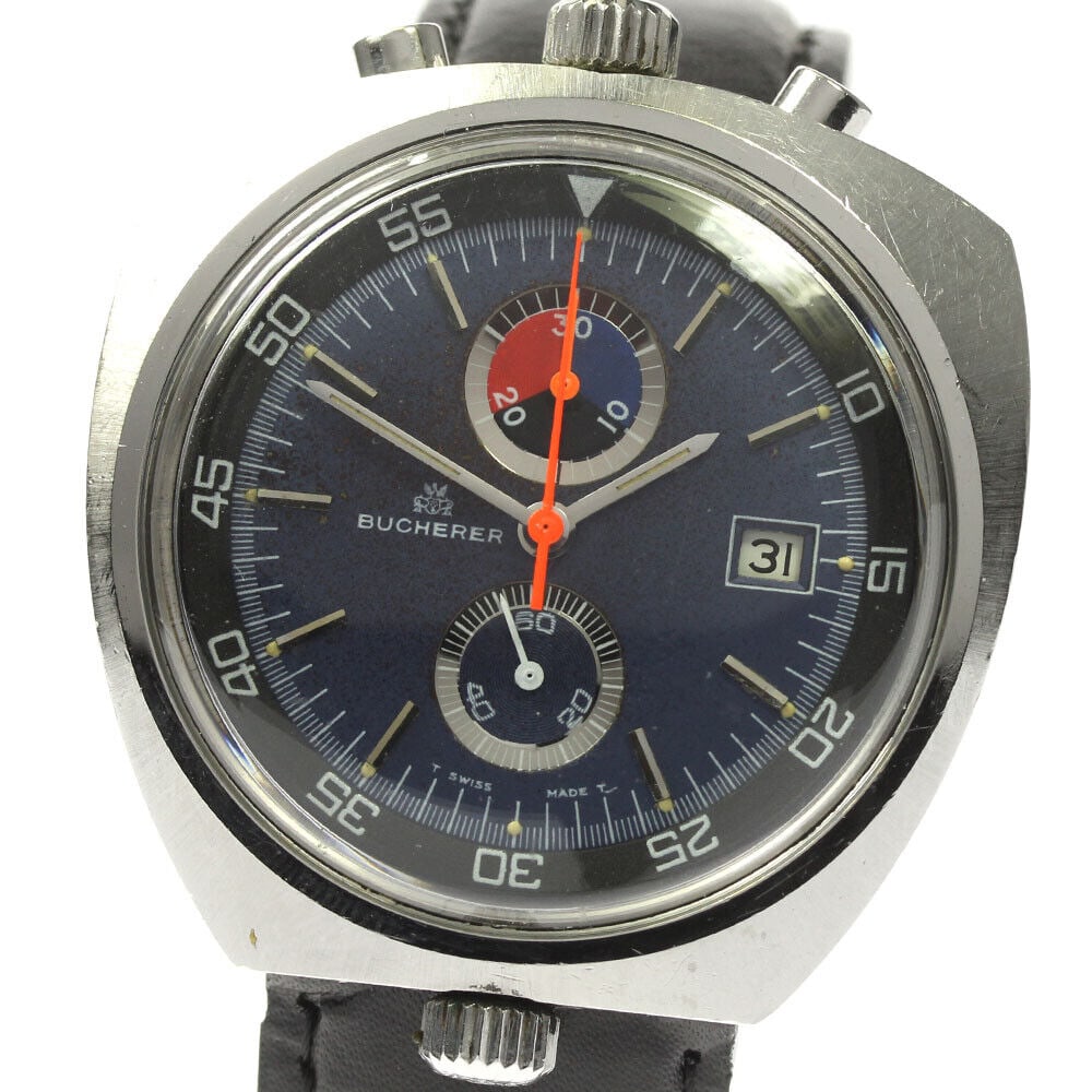 BUCHERER Lemania 9702 Cal.3872 Men's Chronograph Wristwatch: BUCHERER Lemania 9702 Cal.3872 Men's Chronograph Wristwatch This BUCHERER 9702 Lemania cal.3872 Bullhead Men's Watch is a stylish wristwatch featuring a navy dial with light damage stains on the index